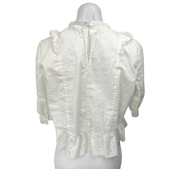 Zara Basic White Embroidered Eyelet Ruffle 3/4 Sleeve Peplum Blouse Top Size L - Picture 2 of 4